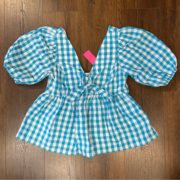 🆕 Lilly Pulitzer Sarafina Gingham turquoise oasis Babydoll Top SZ 8 - Picture 1 of 6